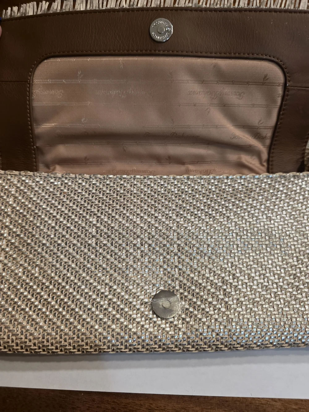 Tommy Bahama Metallic Woven Clutch in Silver and Tan